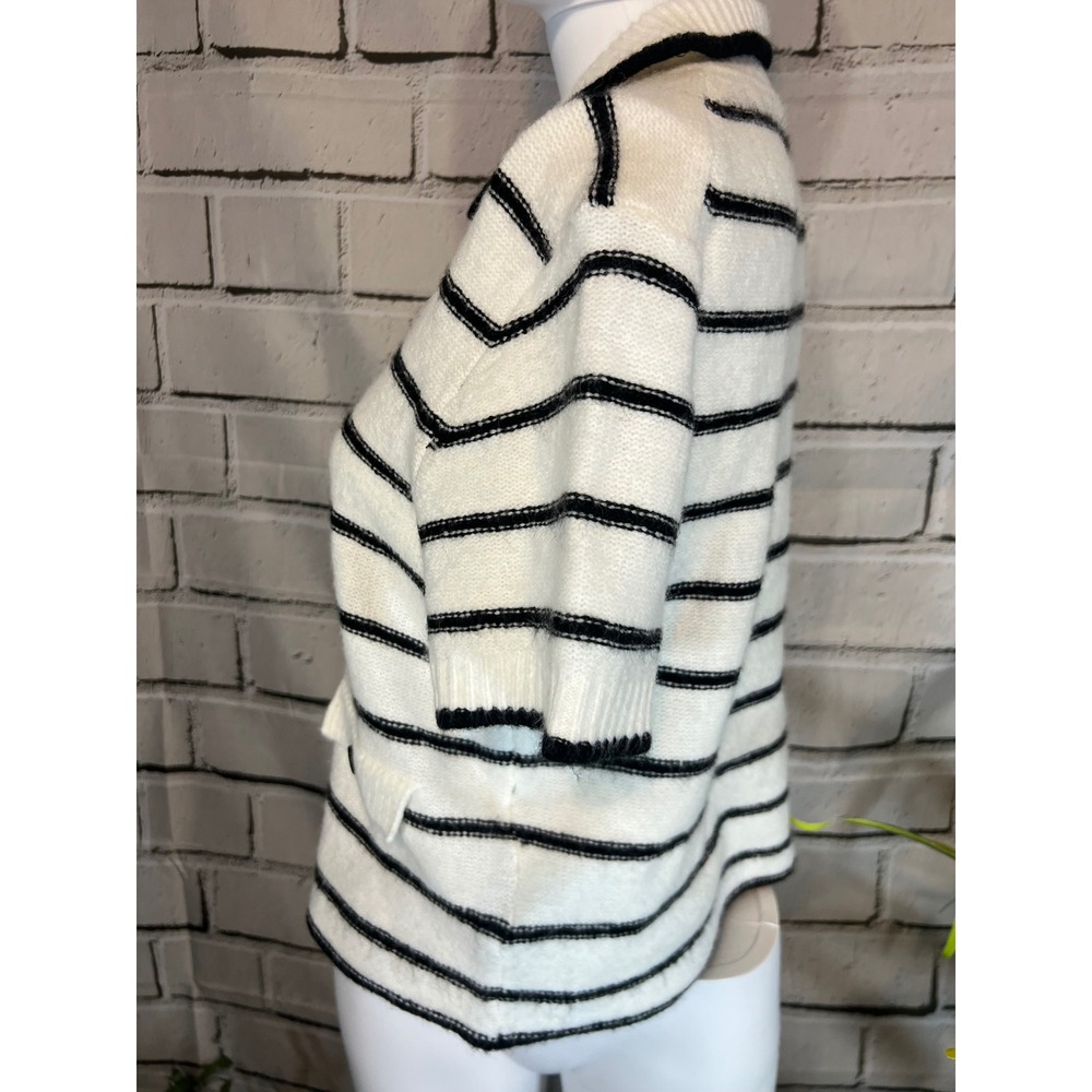 H&M Divided Womens Medium Striped Short Sleeve Knit Cardigan Sweater Cream Black - Picture 3 of 5